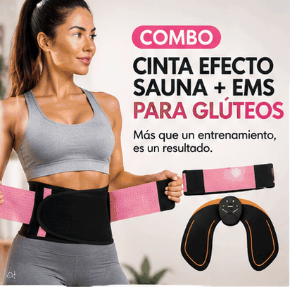 Combinación de un cinturón con efecto sauna y un estimulador muscular de glúteos EMS.